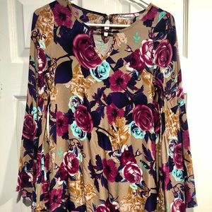 Goldish colored with burgundy floral print dress